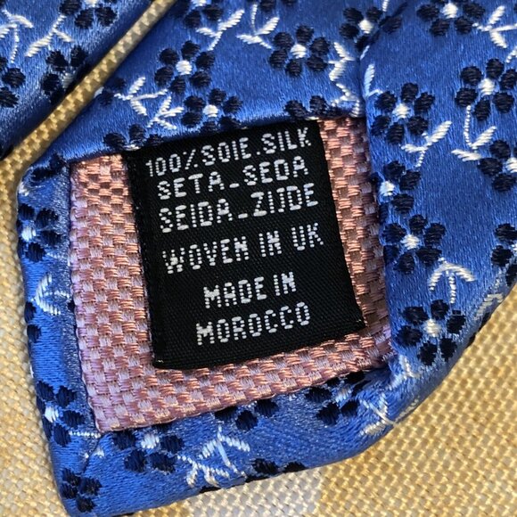 SOLD MENS THOMAS PINK TIE 100% SILK MADE IN Morocco 3.25” Blue Floral - Picture 7 of 8